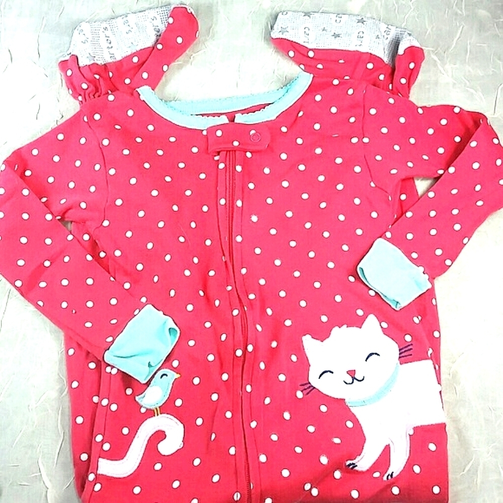 pajamas pj's footie 1 piece kitten kitty red pink polka dot Carters - Picture 1 of 3